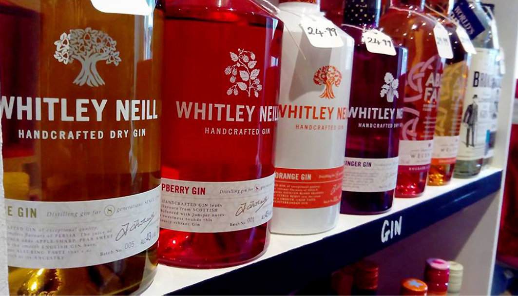 Bottles of gin on a shelf